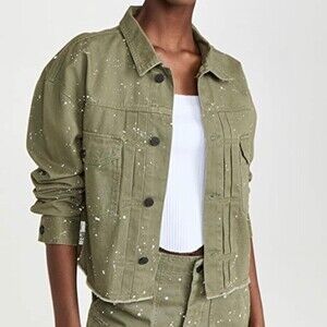 NWT Oak & Acorn Painter Cropped Jacket Sage Green Cotton Splatter L